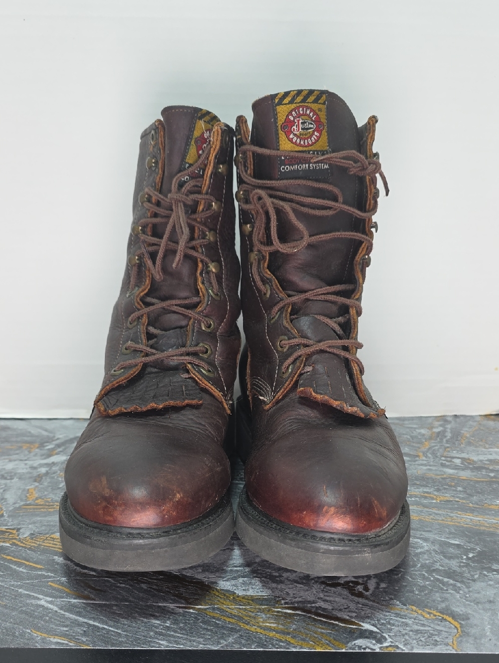 Justin Mens 12 D Brown Leather Conductor 8" Work Boots Comfort Packer Used - Picture 4 of 13